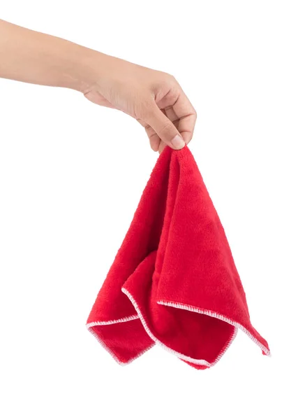 Hand with Red wipes microfiber isolated on whitebackground — 图库照片