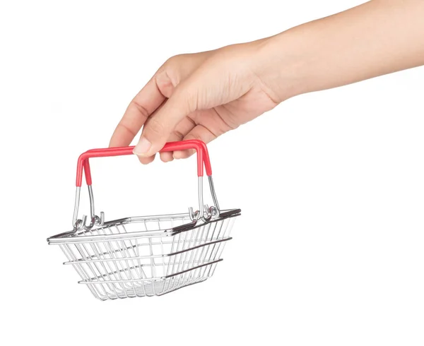 Hand holding Chrome plated wire metal square empty shopping bask — Stock Photo, Image