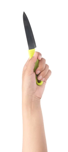 Mano sosteniendo cuchillo verde aislado sobre fondo blanco — Foto de Stock