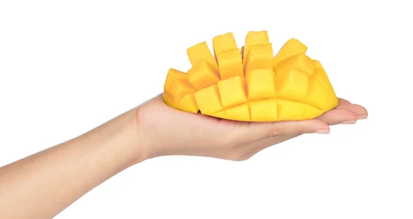 Hand houden blokjes en plakjes mango geïsoleerd op witte achtergrond — Stockfoto
