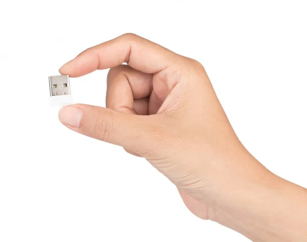 Tangan memegang Mini usb flash terisolasi di latar belakang putih . — Stok Foto