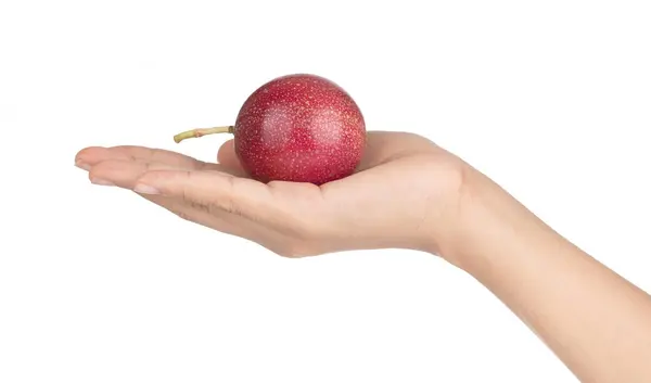 Hand hält Passionsfrucht isoliert auf weißem Hintergrund. — Stockfoto