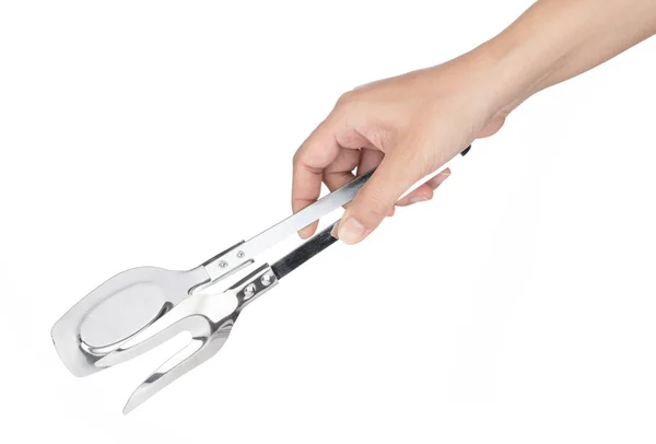 Hand holding Stainless Steel Tong Kitchen Utensil Tools isolated — 스톡 사진