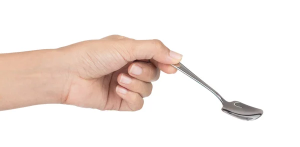 Hand holding stainless ice cream spoon isolated on a white backg — Stok fotoğraf