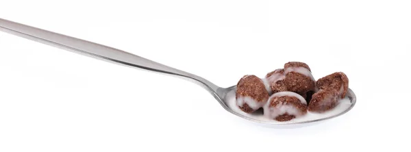 Łyżka czekolady Zboża z mlekiem izolowanym na białym tle — Zdjęcie stockowe