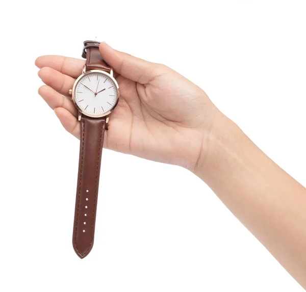 Mão segurando relógio de pulso isolado no fundo branco — Fotografia de Stock