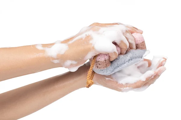 Πλύσιμο των χεριών με σαπούνι και σφουγγάρι — Φωτογραφία Αρχείου