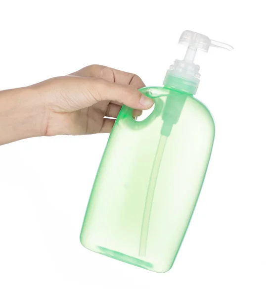 Hand holding Plastic container for liquid soap, gel, lotion isol — 스톡 사진