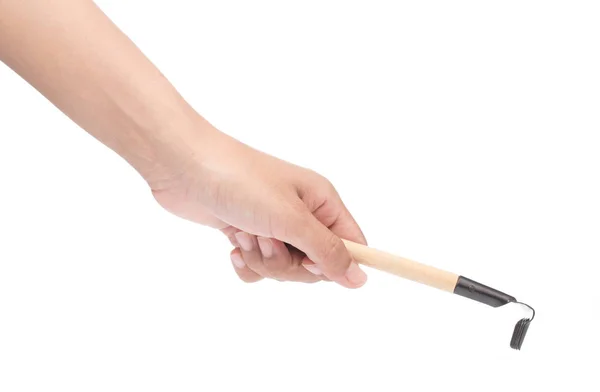 Trzymanie za rączkę Stalowej sztabki z drewnianą rączką izolowaną na białym — Zdjęcie stockowe