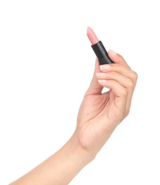 Hand holding Nude lipstick tube isolated on white background. Pi — 스톡 사진