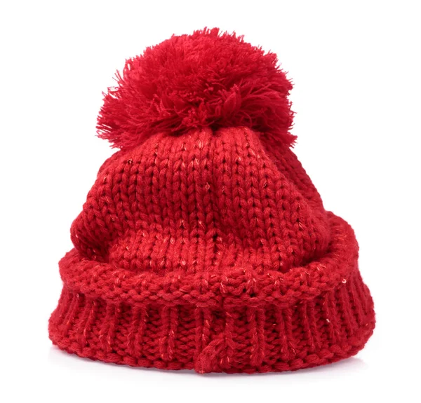 Κόκκινο πλεκτό καπέλο μαλλί με Pom Pom απομονώνονται σε λευκό φόντο — Φωτογραφία Αρχείου
