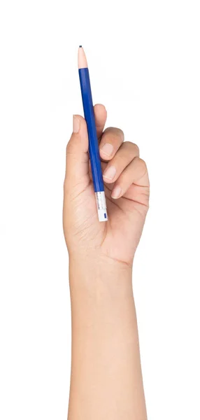 Χέρι κρατώντας μπλε μολύβι απομονωμένο σε λευκό φόντο — Φωτογραφία Αρχείου
