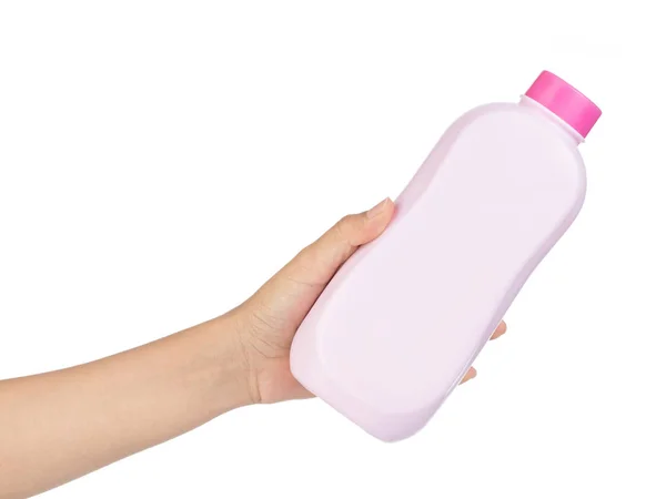 Hand hålla pulver flaska isolerad på vit bakgrund — Stockfoto