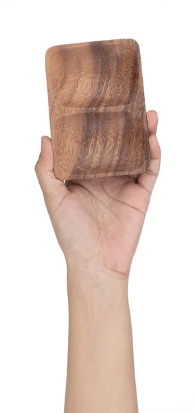 Hand houden van twee compartimenten mini houten plaat geïsoleerd op wit b — Stockfoto