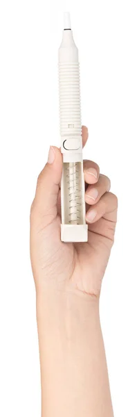 Hand holding Solder sucker or syringe for suctioning the solder — Stock Photo, Image