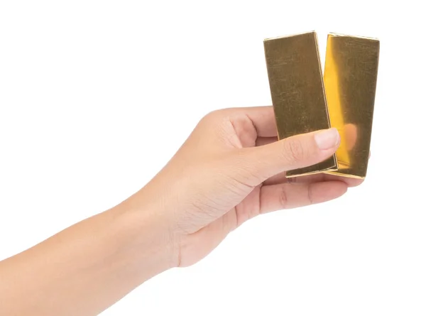 Dłoń trzymając Czekoladowy Sztabka ze złotą folią Izolowane na białym Ba — Zdjęcie stockowe