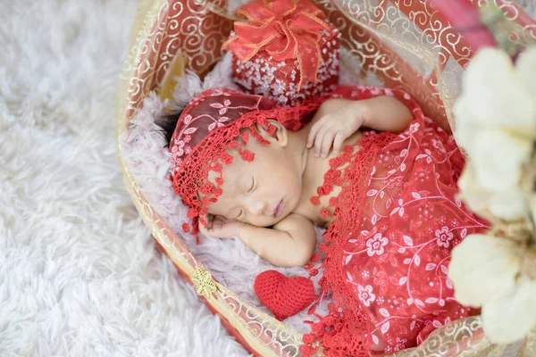 Güzel Yeni Doğmuş Bebek Sepette Uyuyor — Stok fotoğraf