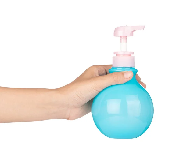 Handtag Blå form cirkulära plastflaskor med pump isola — Stockfoto
