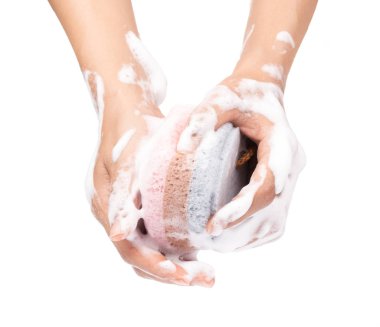 Washing of hands with soap and sponge Isolated on white backgrou