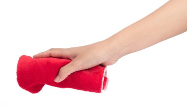 hand holding Red wipes microfiber isolated on whitebackground