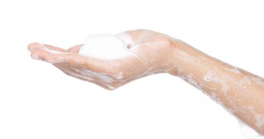 Foam on hand Cleaning hands  isolated on white background