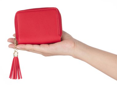 Hand holding Coin Purse classic red isolated on white background