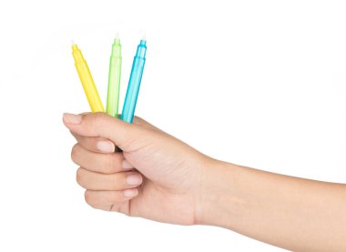 Hand holding Safety Pen uv light isolated on white background