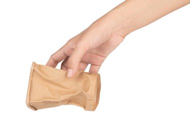 hand holding distorted of cup papers isolated on white backgroun