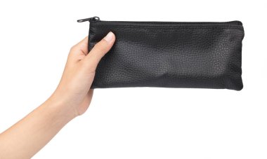 hand holding black leather wallet isolated on white background
