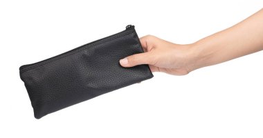 hand holding black leather wallet isolated on white background