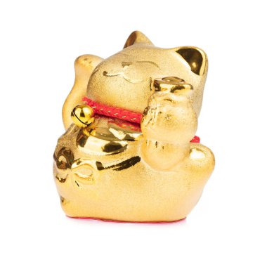 figurine golden cat brings good luck isolated on white backgroun