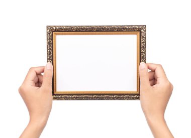 hand holding wood frame border design is patterned isolated on w