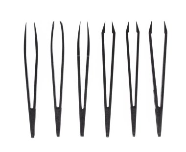 Collection black anti-static tweezers isolated on white backgrou