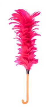 Pink duster feather broom isolated on white background.