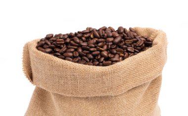 sack of roasted coffee beans isolated on white background