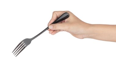 hand holding gblack fork isolated on white background