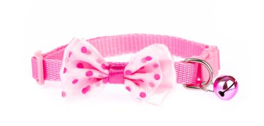 Pink pet collar with polka dots and bow tie isolated on white ba