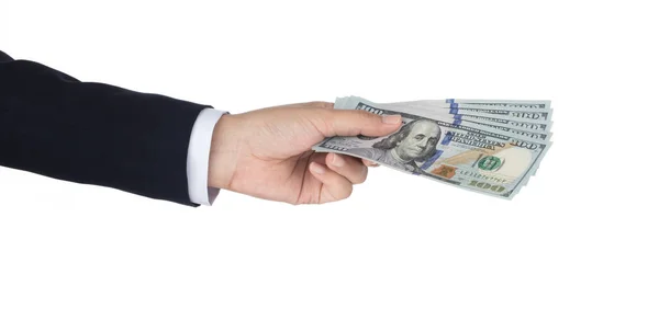 Businessman hand holding money dollars, 100 US dollar banknote i — ストック写真