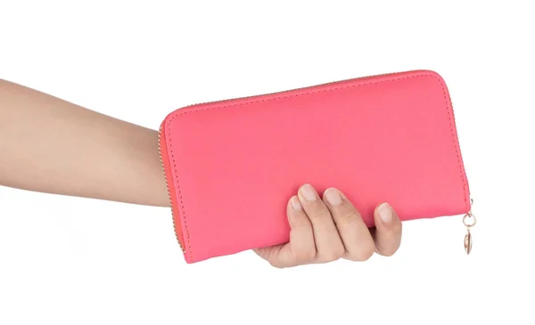 Рука тримає рожеву шкіряну велику блискавку гаманець довго ізольовано на w — стокове фото