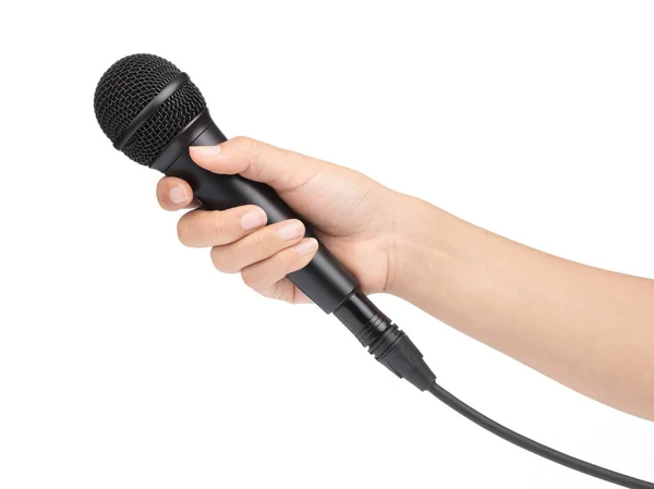 Hand holding a microphone interview conducting a business isolat — Stock Photo, Image