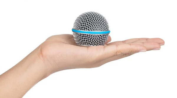 Hand holding microphone head isolated on white background — Stock Photo, Image