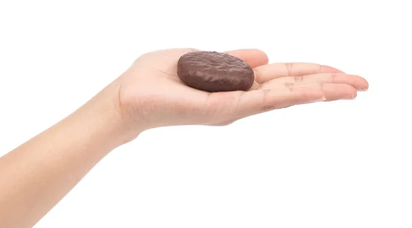 Mano che tiene il brownie al cioccolato isolato su uno schienale bianco — Foto Stock