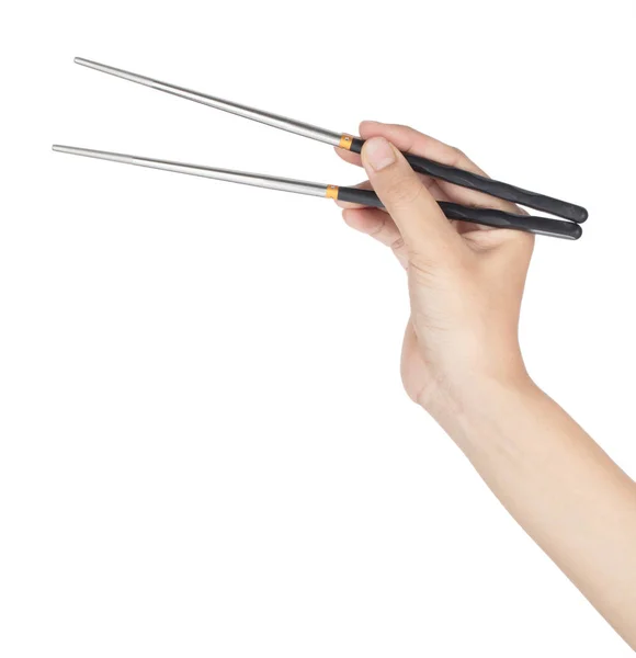 El ele tutuşan Modern Chopsticks beyaz bir arka planda izole — Stok fotoğraf