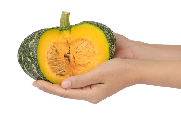 Hand holding sliced pumpkin isolated on white background — Stock Photo, Image