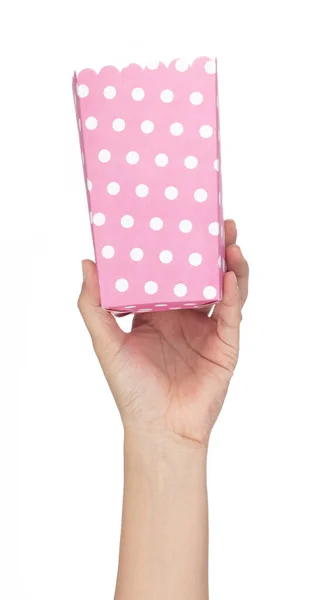 Hand holding Popcorn paper box isolated on white background — ストック写真