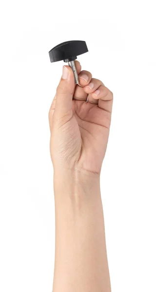 Hand holding plastic fasteners screws isolated on white backgrou — ストック写真