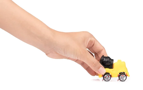 Hand haltender Spielzeug-LKW Betonmischung isoliert über weißem Backgro — Stockfoto