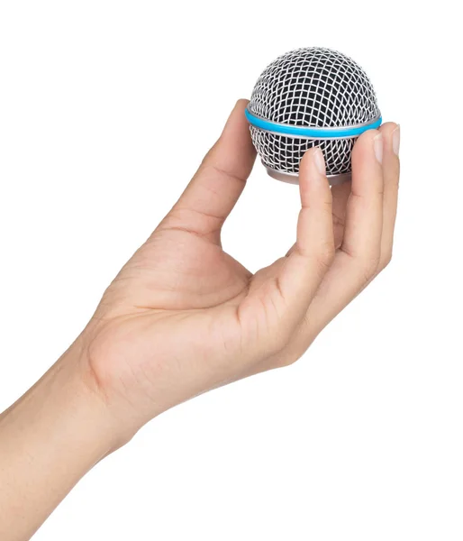 Mão segurando cabeça de microfone isolado no fundo branco — Fotografia de Stock