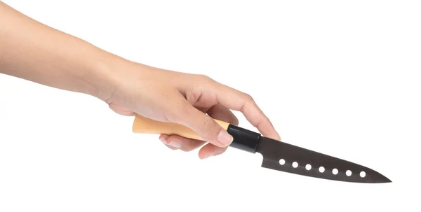 Mão segurando faca para cozinha isolada em um fundo branco — Fotografia de Stock