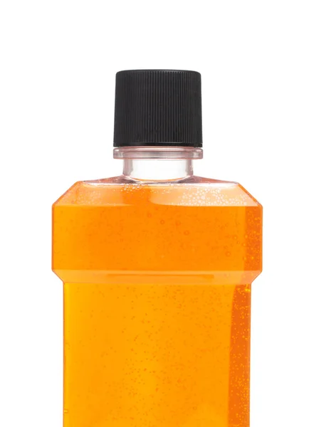Fles munt oranje mondwater geïsoleerd op witte achtergrond — Stockfoto